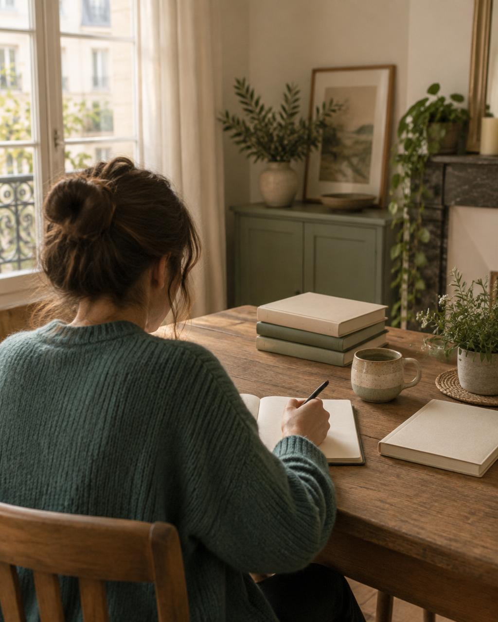 Annabelle Villeminot prépare ses notes d'accompagnement à la table d'une maison familiale